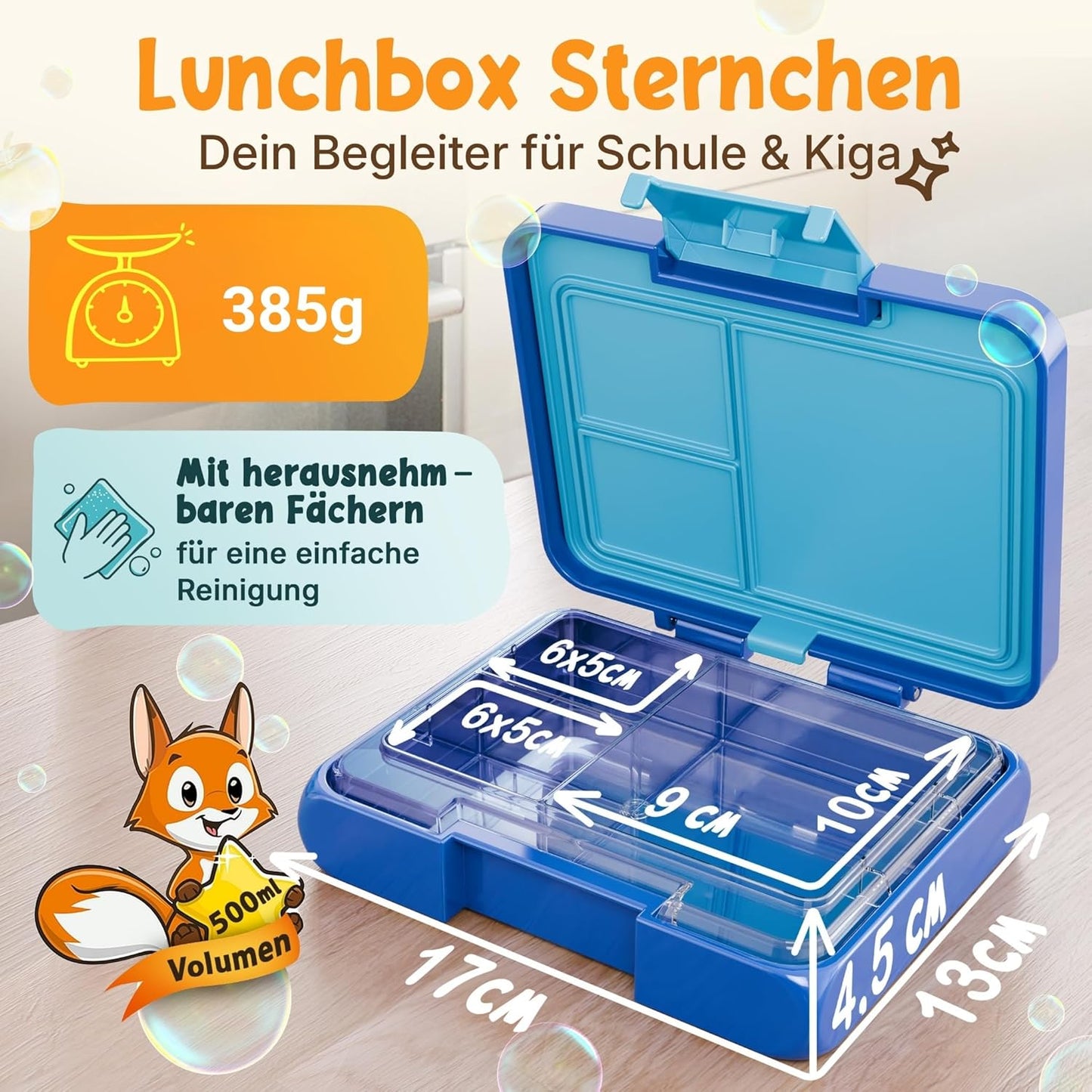 Funkelfuchs® - Lunchbox kids avec compartiments - 500ml, bleu - Lunchbox star, small - Snack box, snack box, lunch box, meal box, bento box kids - pour l'école, le jardin d'enfants et la crèche