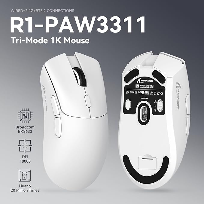 ATTACK SHARK R1 Superlight Gaming Mouse 59g - Blanc - 12.2 × 6.4 × 3.8 cm - Sans fil et filaire - Jusqu'à 18 000 DPI - 65 heures d'autonomie de la batterie