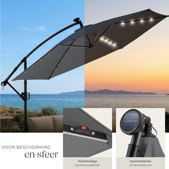 tectake® Parasol à pied flottant - 3 x 3 m - Parasol de jardin avec éclairage LED à énergie solaire - Orientable - Polyester imperméable avec protection UV - Housse incluse - Gris