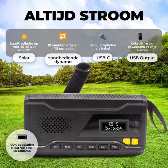 Denver Radio d'urgence - Banque d'énergie solaire - Radio DAB & FM - Kit d'urgence - Lampe de poche - Wind-up - SOS Light - Banque d'énergie solaire - SCD2033