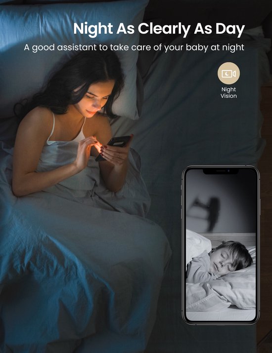 GNCC P1 : babyphone Wi-Fi avec caméra - Avec application - 1080p - Audio bidirectionnel - Vision nocturne infrarouge puissante - Détection de mouvement - Sirène - Blanc