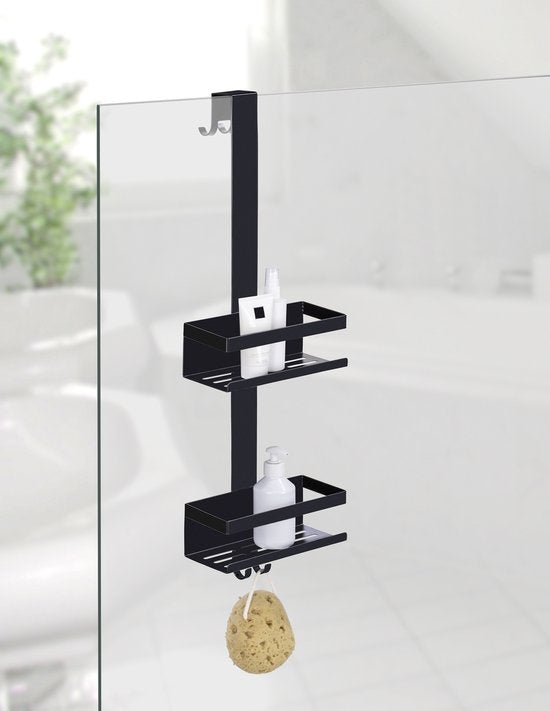WENKO Support de douche Bribano Duo à 2 niveaux, en acier inoxydable noir mat, 23 x 71 cm - Support de douche sans perçage - Support de douche suspendu - Panier de douche - Panier de douche à suspendre