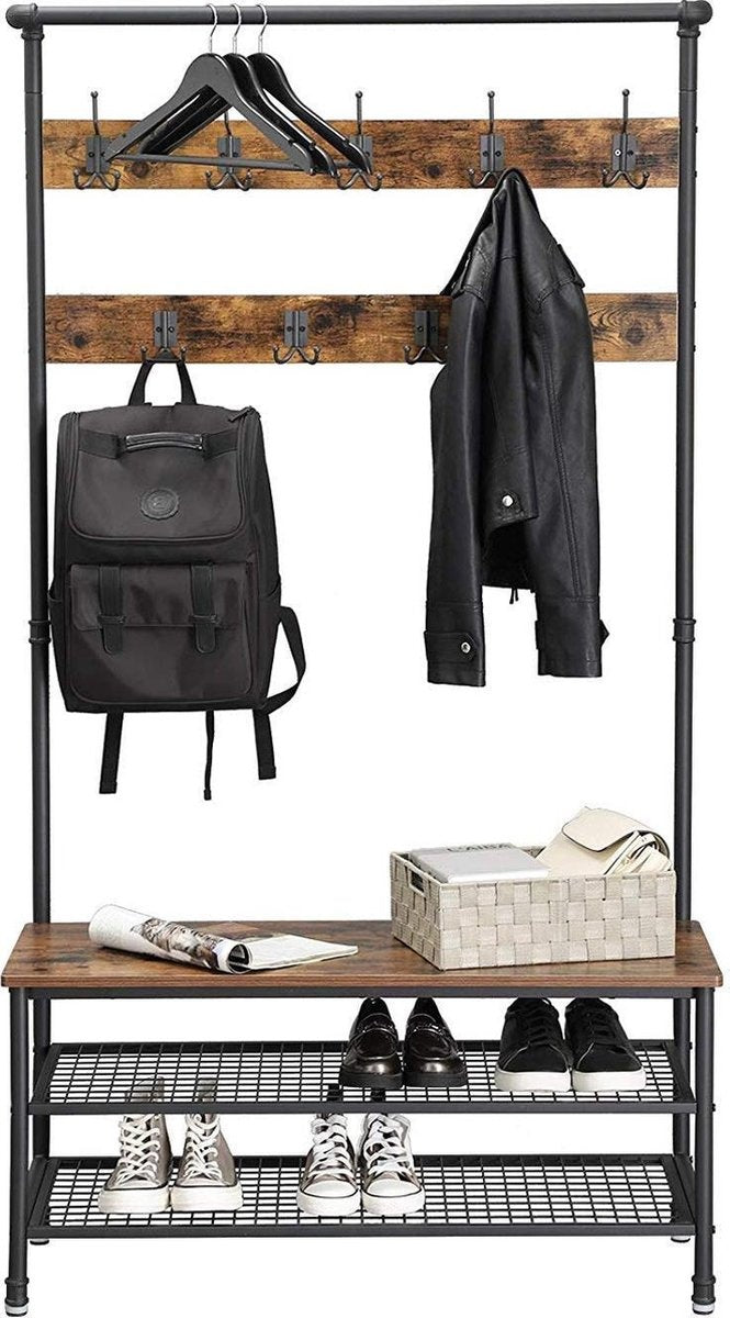 O'DADDY® kapstok staand - kapstok met schoenenrek - 23 haken 2 laags schoenenrek 10 paar - garderoberek - 100 x 41,5 x 182 cm - bruin