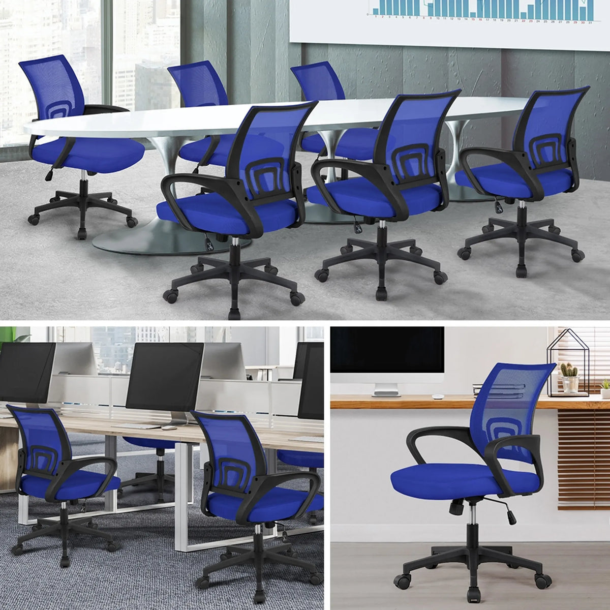Chaise de bureau ergonomique Yaheetech - équipée d'un tissu en maille respirant, d'une fonction de basculement et d'un siège large - pour le bureau et l'étude - Nylon bleu et acier - 60,5 x 60 x 87-97 cm