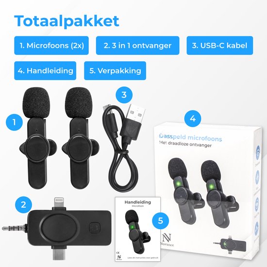 Nuvance - Microphone sans fil - 2 pièces - Convient pour Jack 3,5mm, USB-C et Lightning - Tie Pin Microphone - Lavalier Microphone sans fil - Microphones - Plug & Play