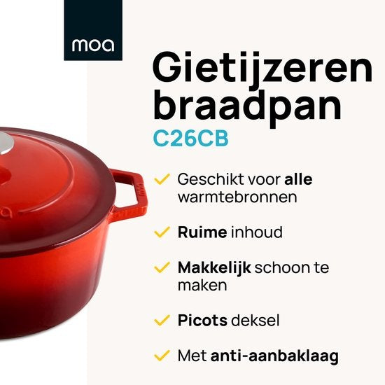 MOA Casserole en fonte - Capacité 5,7 litres - 26CM - Ronde - Toutes sources de chaleur - Egalement pour induction - Poids 5,8 kg - Rouge cerise - C26CB