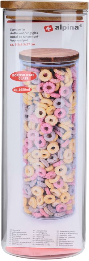 alpina Bocal en verre avec couvercle - 1650 ML - Lavable au lave-vaisselle - Verre borosilicaté et bois d'acacia
