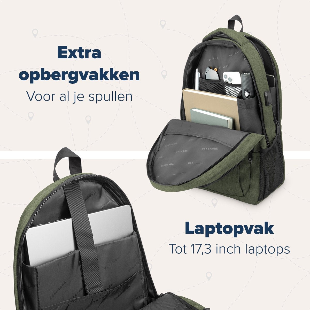TRVLMORE Sac à dos - 36L - 17.3 inch - Sac à dos pour ordinateur portable - Sac d'école - Unisexe - Vert résistant aux éclaboussures