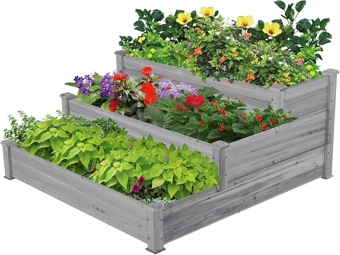 Yaheetech : bac à plantes surélevé à 3 niveaux - Bac de potager en bois de pin pour légumes, fleurs et herbes aromatiques