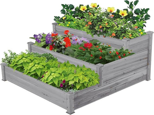 Yaheetech : bac à plantes surélevé à 3 niveaux - Bac de potager en bois de pin pour légumes, fleurs et herbes aromatiques