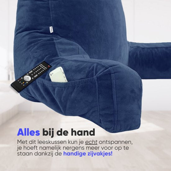 Q-Living Coussin de lecture XXL avec rouleau supplémentaire pour la nuque - Coussin de relaxation - Coussin de siège - Soutien du bas du dos - Coussin de lecture pour le lit - Bleu