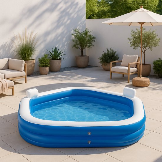 Creative Kids Pentagonal Family Pool - gonflable - 2 chaises longues - 213 x 206 x 60 cm - porte-boissons - appuie-tête