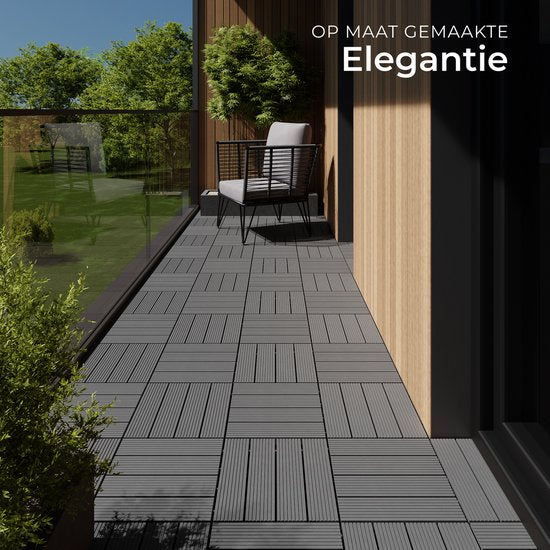 tectake® WPC wood tiles - Dalles aspect bois - Résistant aux intempéries - Sol extérieur - Dalles de sol - Sol de balcon - Dalles de terrasse avec système click - Drain - Lot de 11 - Gris