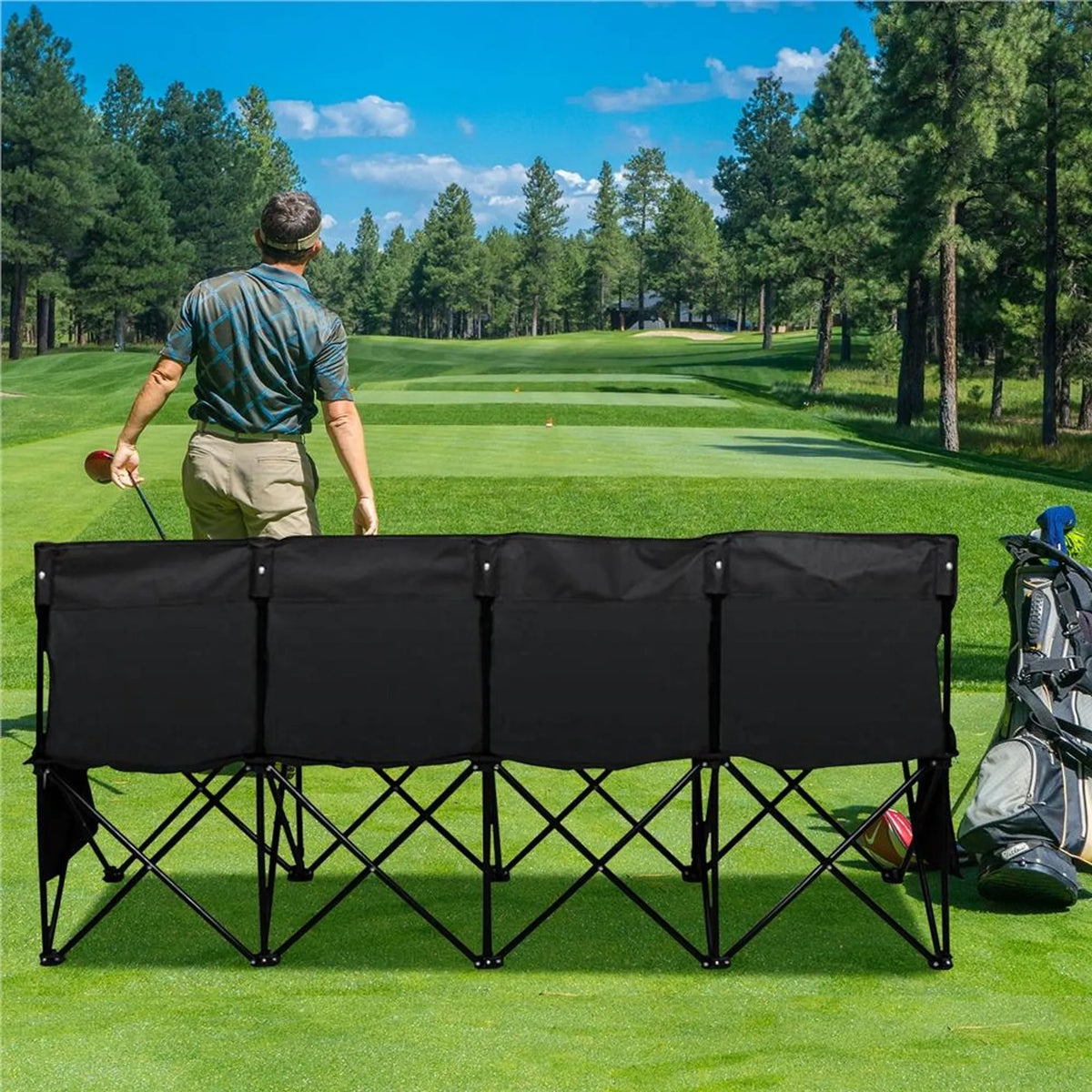 Yaheetech Banc de camping pliable pour 4 personnes - 184 x 49 x 82,5 cm - équipé d'un tissu 600D Oxford et d'un sac de transport et de 2 compartiments de rangement - pour le camping et les tournois sportifs - métal noir