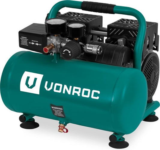 VONROC PRO Compresseur silencieux - Sans huile - 750W - 1HP - 128 l/min. - 6 Litres - 8 Bar - 57.5dB(A) - Silencieux - Faible niveau sonore - Vert