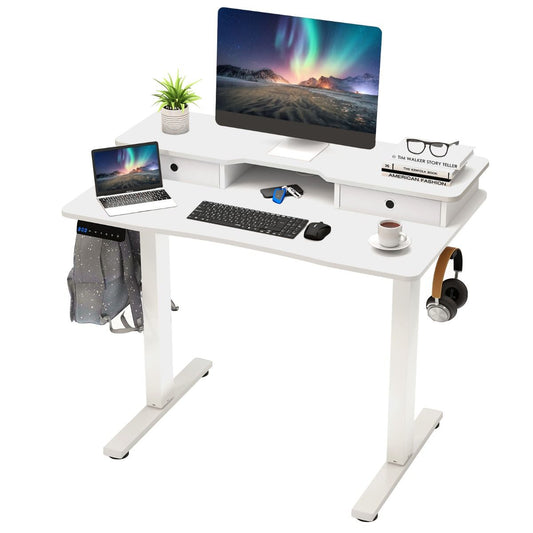 Bureau assis-debout électrique Coast - Réglable en hauteur - Avec support pour écran et tiroirs - Blanc 100 x 60 cm