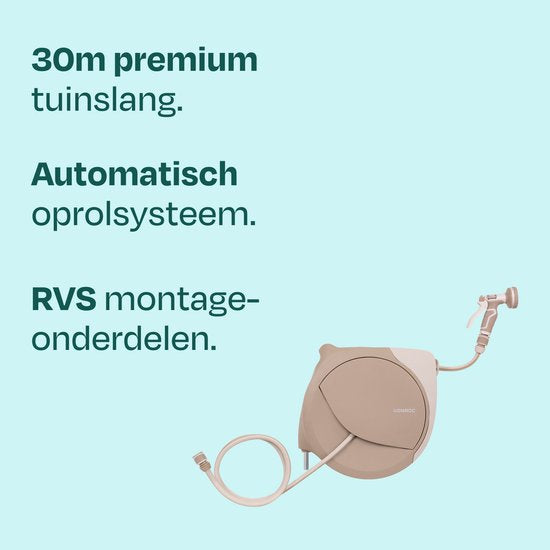 Enrouleur automatique de tuyau d'arrosage VONROC – boîtier mural pour tuyau d'arrosage – avec tuyau d'arrosage haut de gamme de 30 m, pistolet d'arrosage à 8 positions et raccords – beige