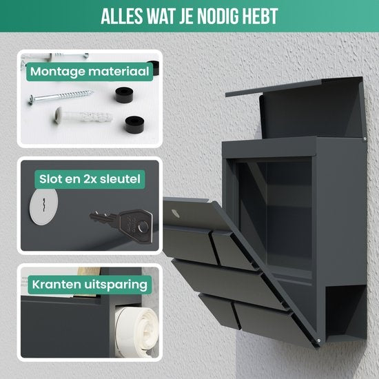 Boîte aux lettres Avalo en acier inoxydable Anthracite avec compartiment à journaux et serrure - Matériel de montage et 2 clés inclus