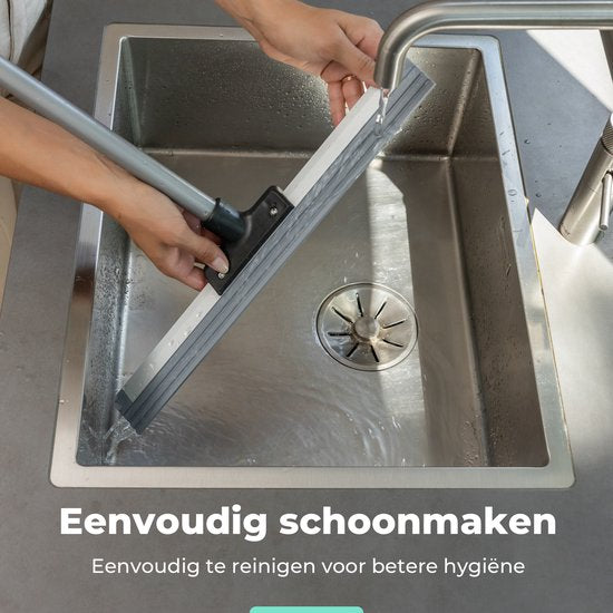 CLEANLY Raclette de sol avec manche télescopique 113-142 cm - Raclette de sol de salle de bain avec raclette en caoutchouc - Raclette d'eau - Raclette de douche - Largeur 43.5 cm - Noir, Gris