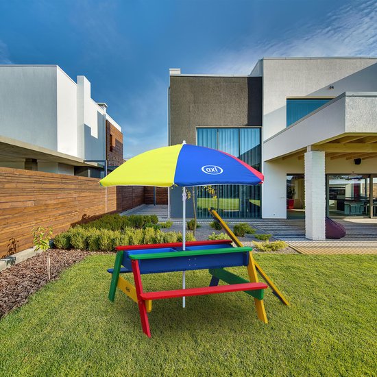 Table de pique-nique AXI Nick Zand & Water aux couleurs de l'arc-en-ciel - Parasol réglable - Bois certifié FSC - Table de pique-nique en bois pour enfants