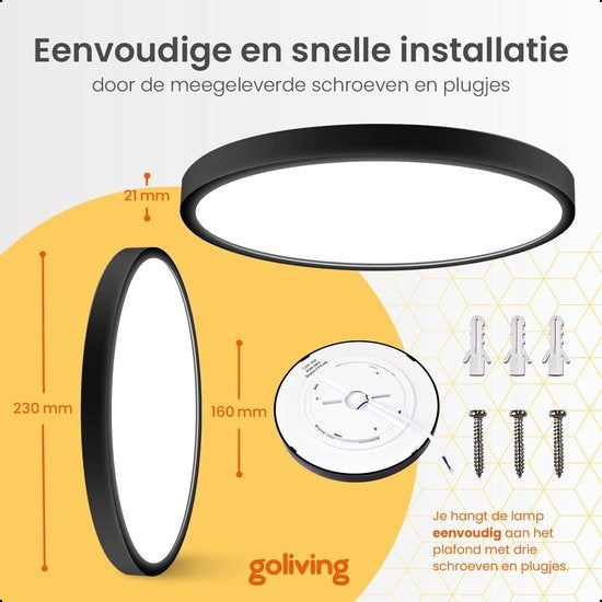 Goliving Plafonnier - Plafonnier - Led - Extra fin - Lumière blanc chaud - Chambre - Salle de bain - Salon - Ø 23cm - Noir