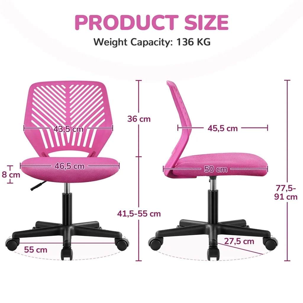 Chaise de bureau réglable Yaheetech 50 x 55 x 79-92 cm - Rose - Chaise pivotante sans accoudoirs