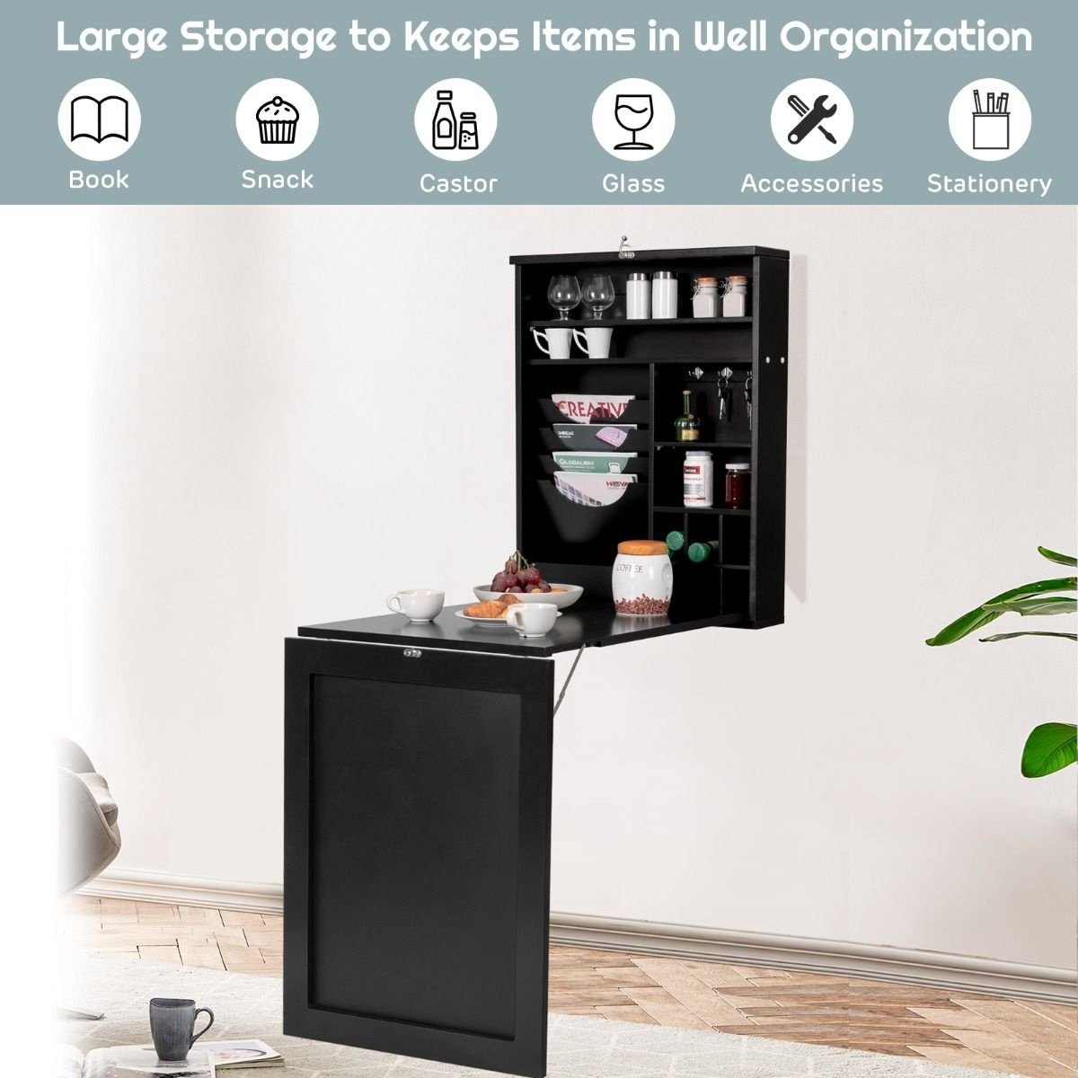 Table murale pliable Coast - Noir - 60 x 15 x 76 cm - MDF