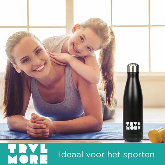 Gourde TravelMore en acier inoxydable - Tasse isotherme de sport - Gourde isotherme pour garder l'eau fraîche ou chaude - Gourde isotherme - Voiture - Fitness - Plein air - Course à pied - Adultes - Sans BPA - Double paroi - Tige - Acier - 500 ml - Noir