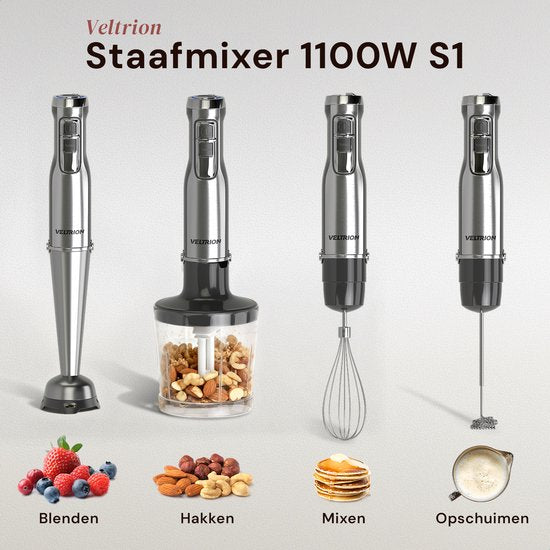 Ensemble mixeur plongeant PRO 6-en-1 - 1 100 W - Lames en titane - Spatule offerte - Fonction turbo - Comprend un hachoir, un fouet, un mousseur à lait et un verre doseur - Sans PFAS