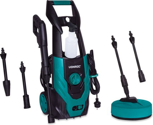 VONROC Nettoyeur haute pression V14-2 - 1400W - 110 bar - 390 l/h - avec tuyau de 5m, bouteille de détergent, nettoyeur de terrasse, etc.