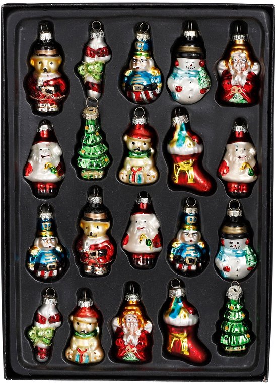 Mica Decorations - Lot de 20 boules de Noël - Décorations de Noël pour le sapin - Ornements de Noël en verre représentant des personnages classiques de Noël - Boules de Noël de 3,5 cm - Vert