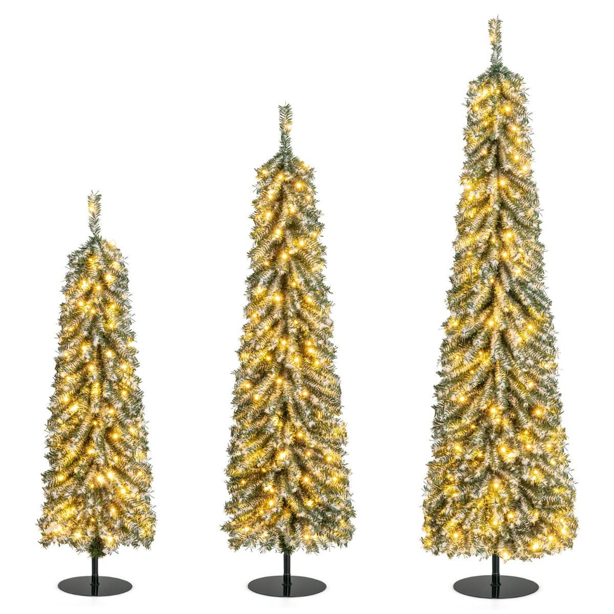 Lot d'arbres de Noël artificiels Coast - en forme de crayon - avec neige artificielle et éclairage LED - 120/150/180 cm