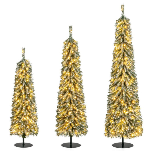 Lot d'arbres de Noël artificiels Coast - en forme de crayon - avec neige artificielle et éclairage LED - 120/150/180 cm