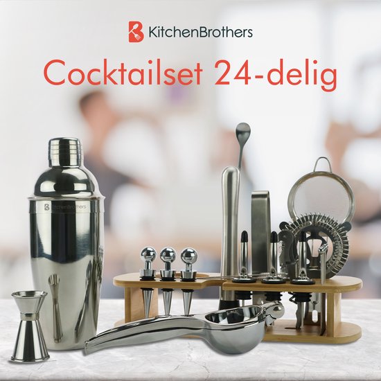 KitchenBrothers Set Cocktail - 25 pièces - Set de luxe - Shaker à cocktail (750ml) - Dark Brown/Bamboo - Avec livret de recettes - Emballage cadeau