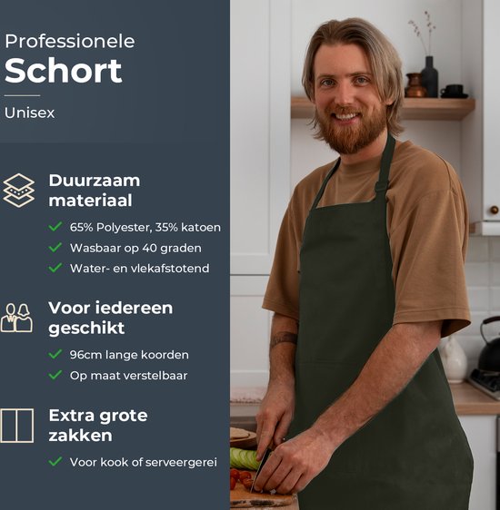 Tablier de cuisine - Résistant à l'eau et à la saleté - Tablier de cuisine professionnel - Tablier pour femmes et hommes - Tablier de traiteur - Unisexe - Boucle réglable - Compartiments extra-larges - Vert