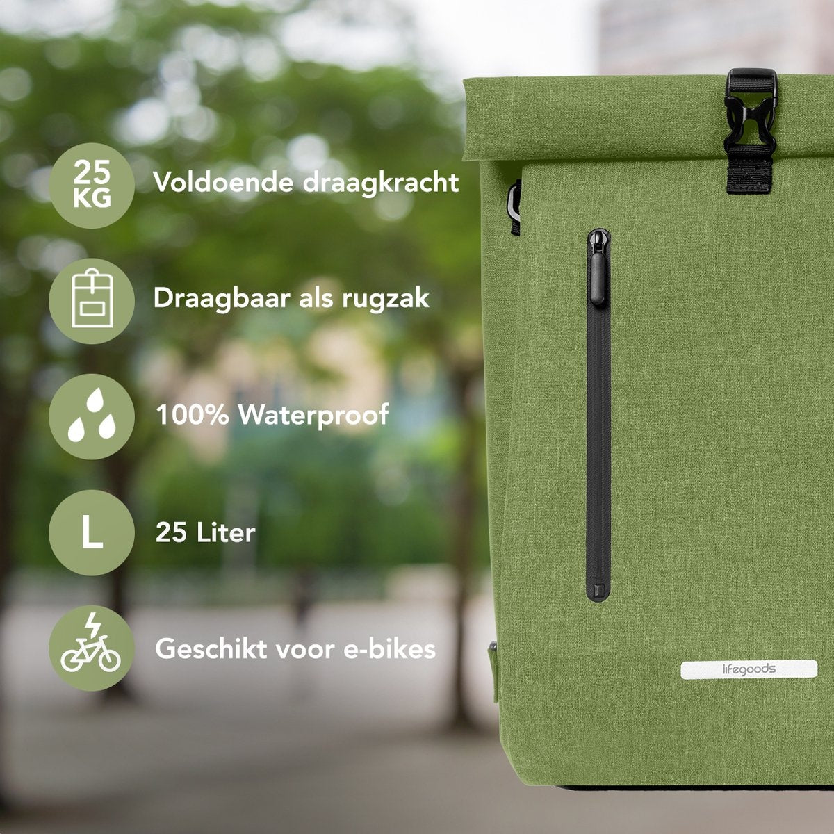 LifeGoods Single Bicycle Bag - Compact - Sac à bandoulière et sac à dos - 25L - Porte-bagages ronds - Imperméable - Vert olive