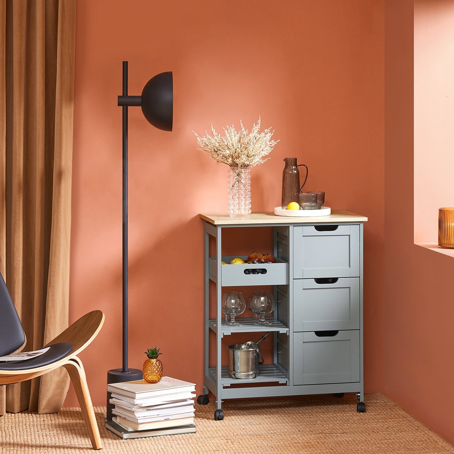 Chariot de cuisine avec 3 grands tiroirs SoBuy, 68x85x38 cm, Gris