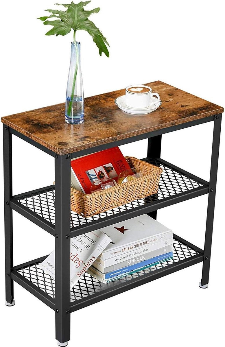 O'DADDY® Table murale - Table d'appoint industrielle - avec 2 étagères en filet - table d'appoint 60x30x60 cm - Table de salle - couleur marron