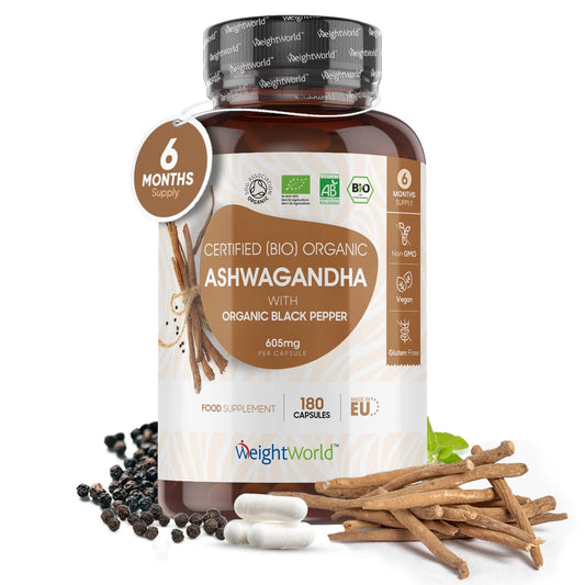 WeightWorld Potent 1200mg Ashwagandha Capsules - 180 Capsules, Organic, High Dose, With Black Pepper,
