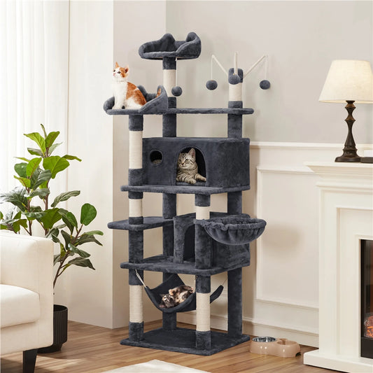 Yaheetech Cat Post XXL avec 2 plateformes d'observation - équipé de 2 trous pour chats, d'un hamac et de 7 poteaux en sisal - pour les foyers avec plusieurs chats - peluche et sisal gris foncé - 55,5 x 45,5 x 170 cm