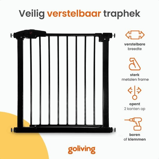 Goliving Barrière d'escalier - Fixation par pince sans perçage, rallonge incluse - extensible - 78-93 x 6 x 85 cm - Noir
