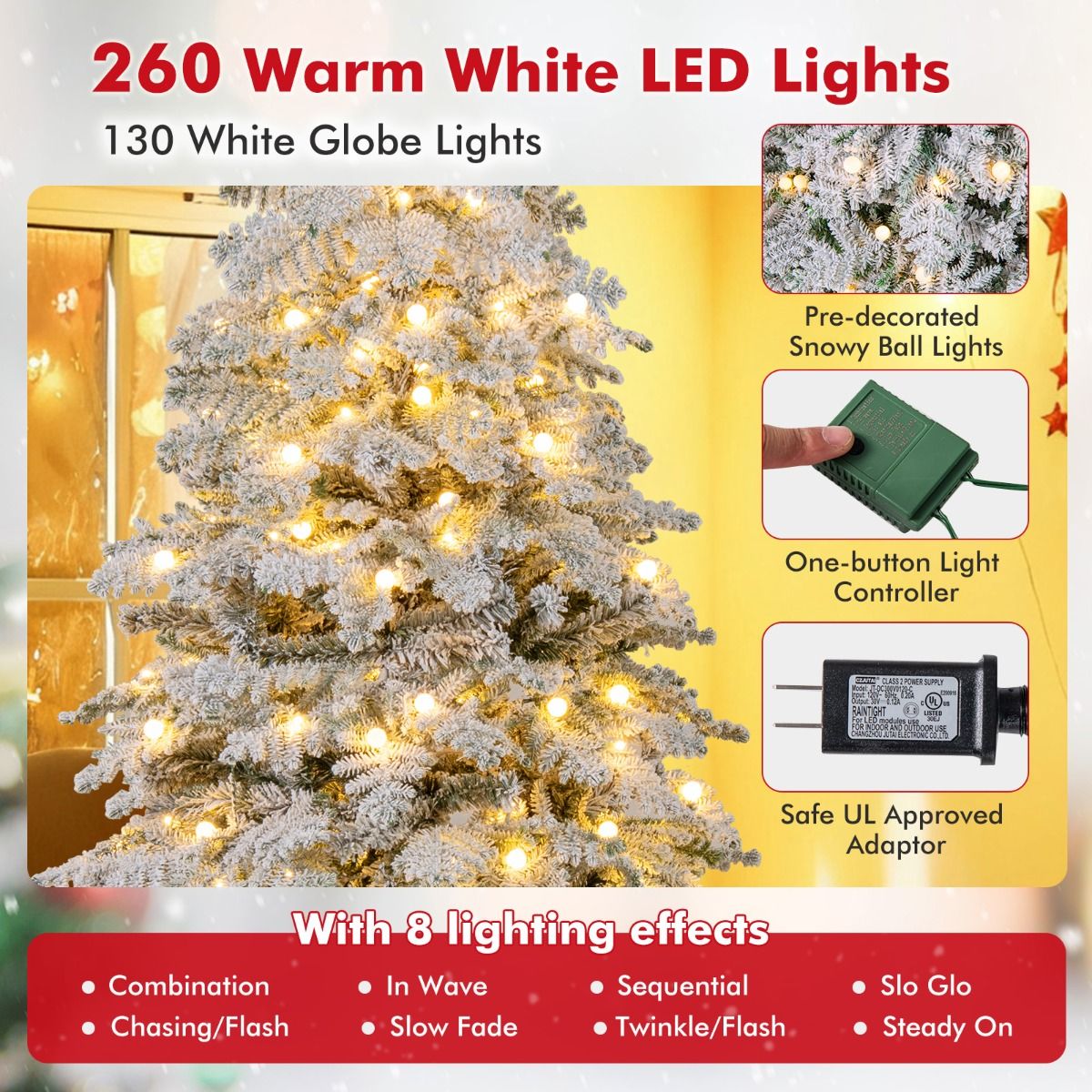 Coast Artificial Christmas Tree 180 cm Green/White - Snowy with 260 LED Lights - Foldable & Pre-assembled