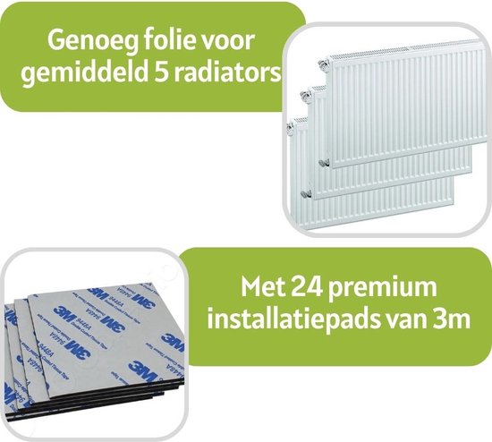 Feuille de radiateur pour le chauffage - 800cm x 60cm - feuille d'isolation pour plusieurs radiateurs - comprend 24 patins de fixation