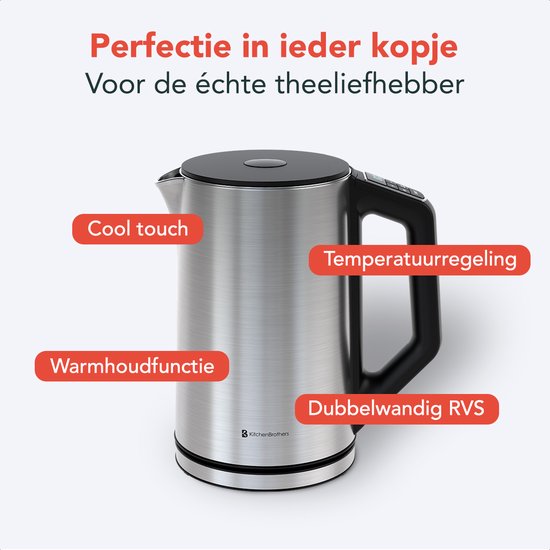 KitchenBrothers Bouilloire - Électrique - 1,5L - 2200W - Contrôle de température réglable - Double paroi - Bouilloire en acier inoxydable - Silver