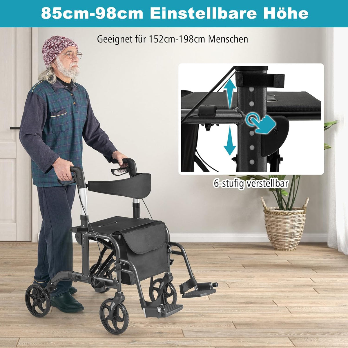 Déambulateur pliable Coast - Multifonctionnel - Hauteur réglable - Avec support pour sac et bâton - Noir