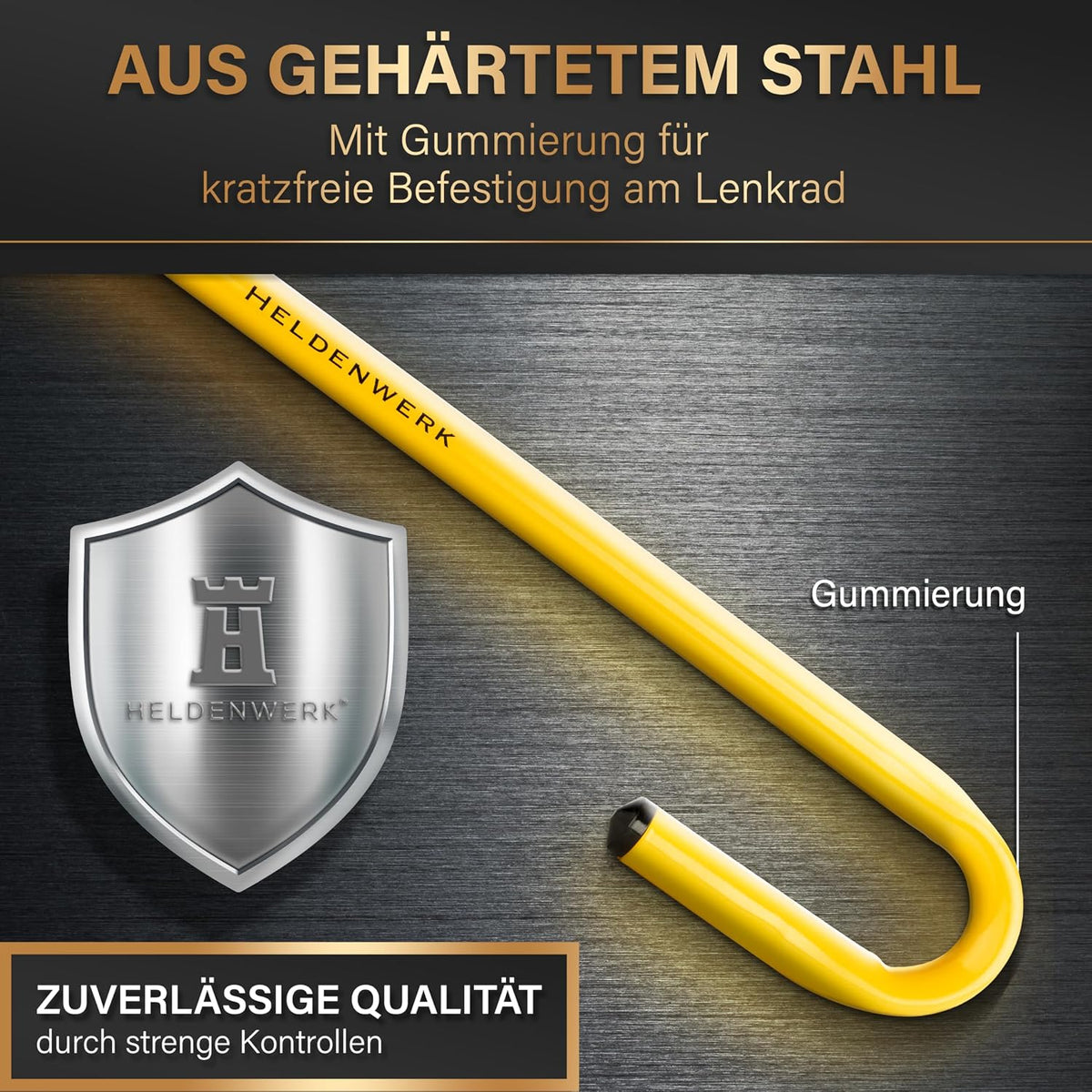 Heldenwerk Verrou de volant pour voiture - Pince universelle pour volant - Extensible jusqu'à 80 cm - Acier trempé - Jaune
