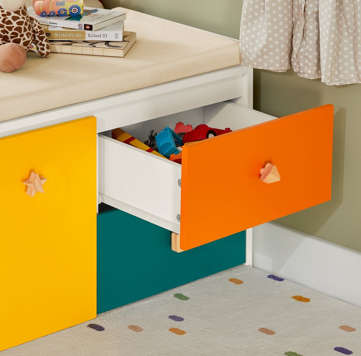 SoBuy Banc de rangement enfant avec 2 armoires et 2 tiroirs - Max. 150 kg - 100 x 37 x 46 cm - Coloré