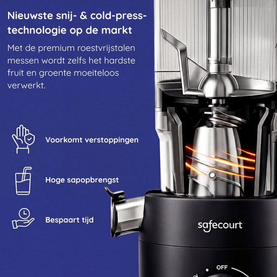 Safecourt Kitchen Slow Juicer XXL - moteur puissant [Technologie de pré-coupe et de pression à froid] - nettoyage facile - sans BPA - presse-agrumes Noir