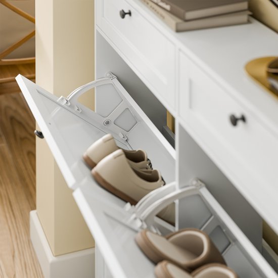 Armoire à chaussures SoBuy pour entrée, armoire à chaussures avec 2 tiroirs et 4 portes rabattables, rangement pratique pour 12 paires de chaussures, blanche, MDF E1, idéale pour les petits espaces - FSR208-W