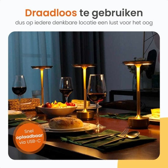 Goliving Lampe de table Rechargeable - Sans fil et dimmable - Lampe tactile moderne - Lampe de nuit pour la chambre à coucher - Résistant aux éclaboussures - 27 cm - Or